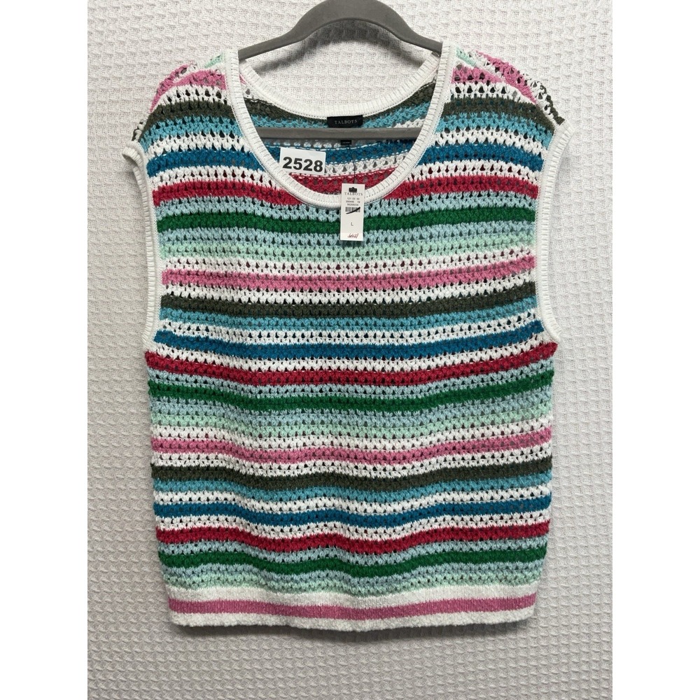 Talbots Crochet Sweater Vest Womens Large Blue‎ Red Green Sleeveless Striped